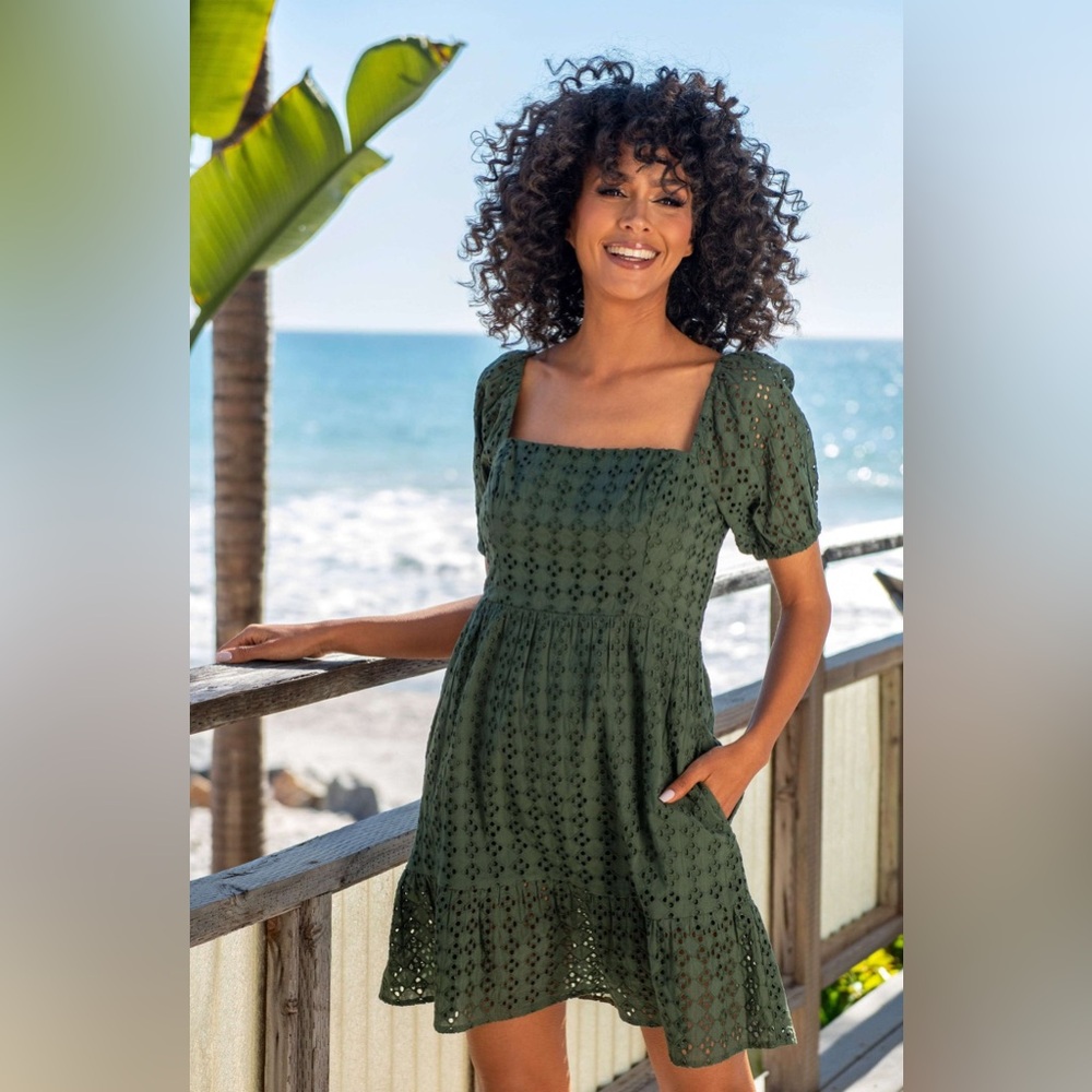 La Blanca Olive Green Eyelet Square-Neck Midi Dress